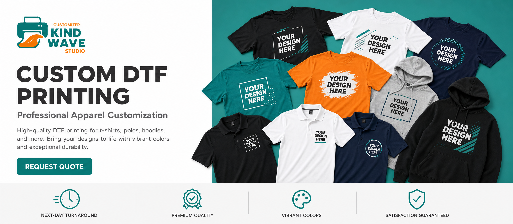 Kind Wave Studio — Custom DTF Printing, professional apparel customization for t-shirts, polos and hoodies