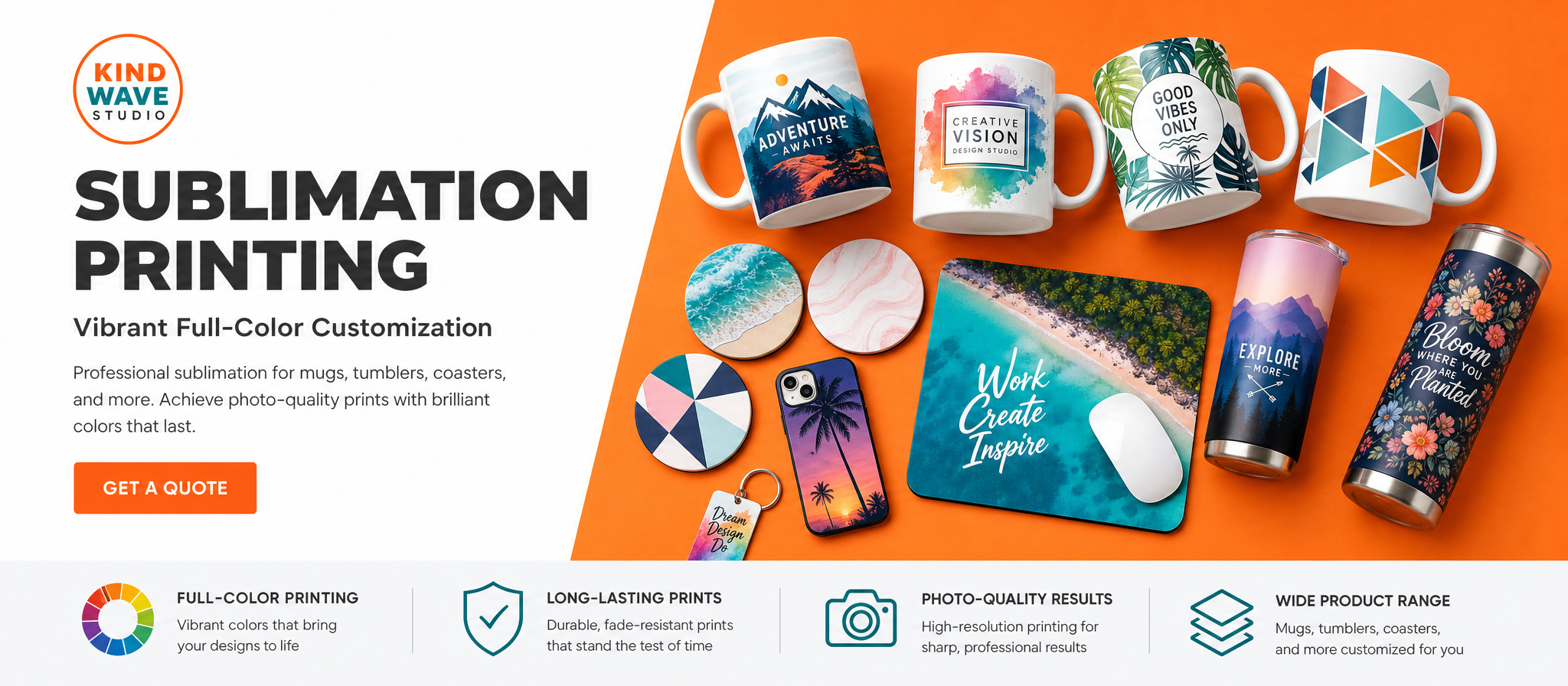 Kind Wave Studio — Sublimation Printing, vibrant full-color customization for mugs, tumblers and more