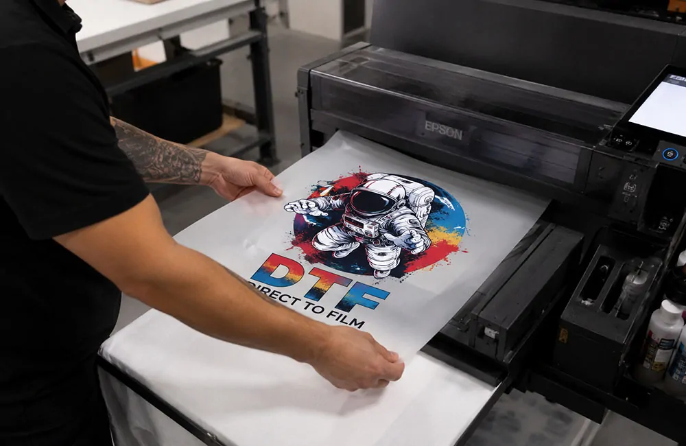 DTF printer applying a custom design transfer
