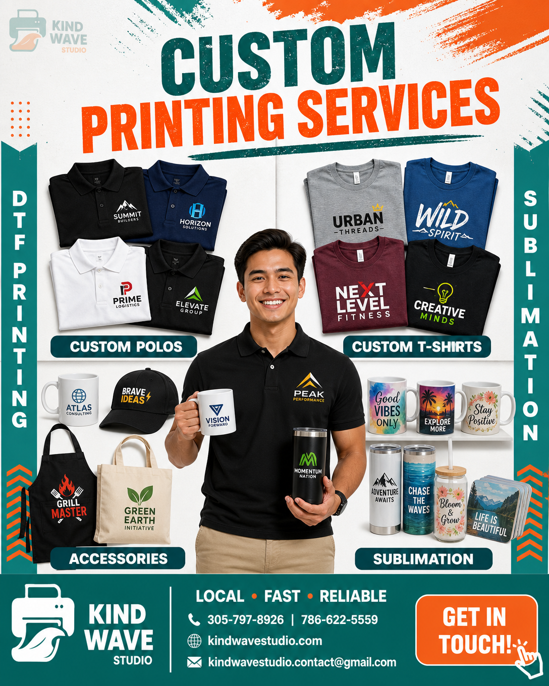 Kind Wave Studio custom printing services — polos, t-shirts, mugs, hats and accessories
